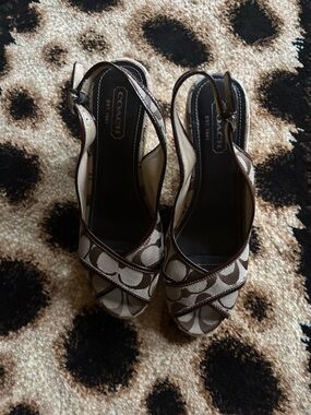 Coach Signature Canvas Brown & Cream Slingback Heels